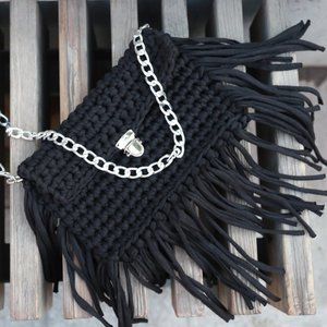 Handbag Black Handmade Yarn bag Fabric yarn Chain belt bag Unique Knitted bag